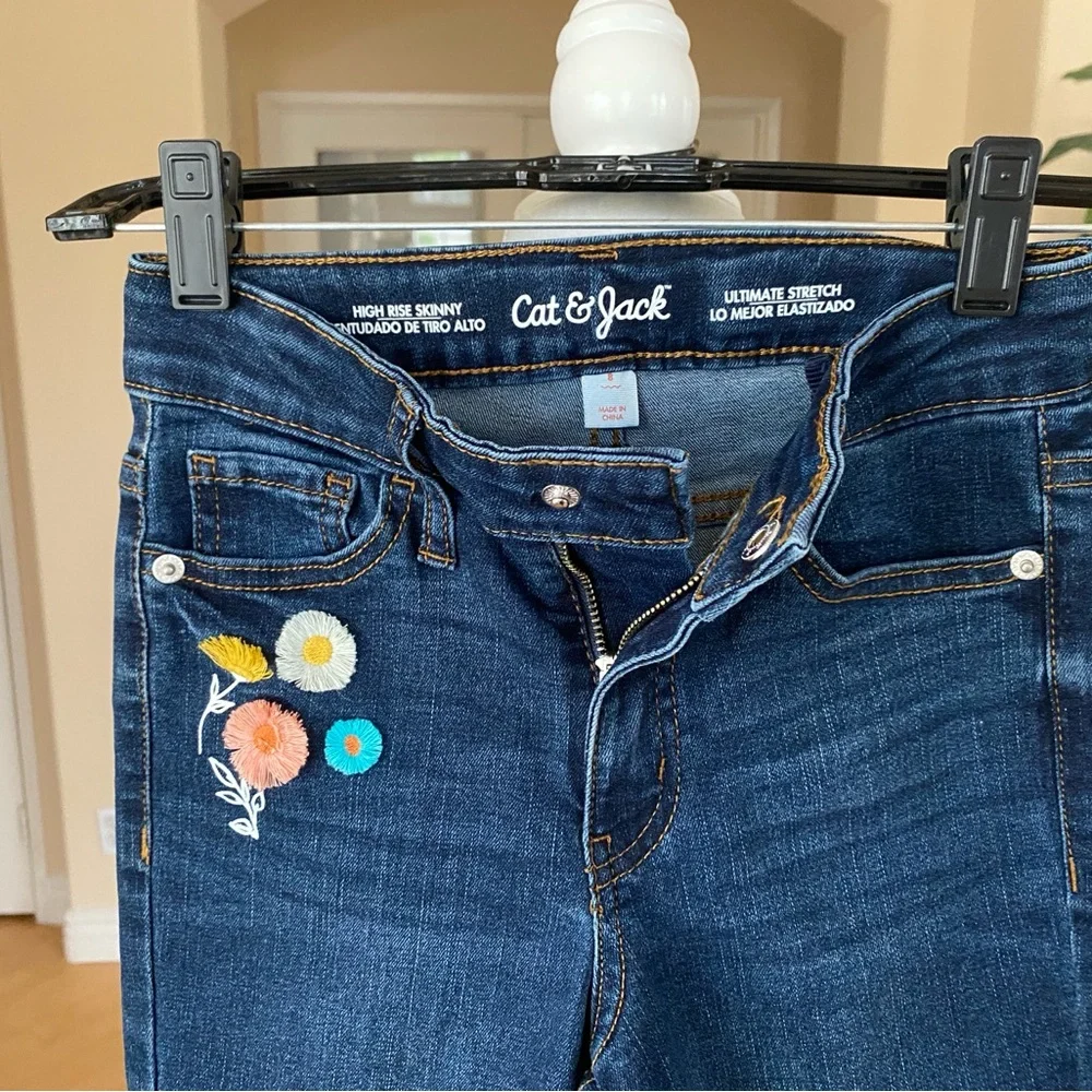 Cat & Jack Girls Embroidered Flower High Rise Skinny Ultimate Stretch Blue Jeans